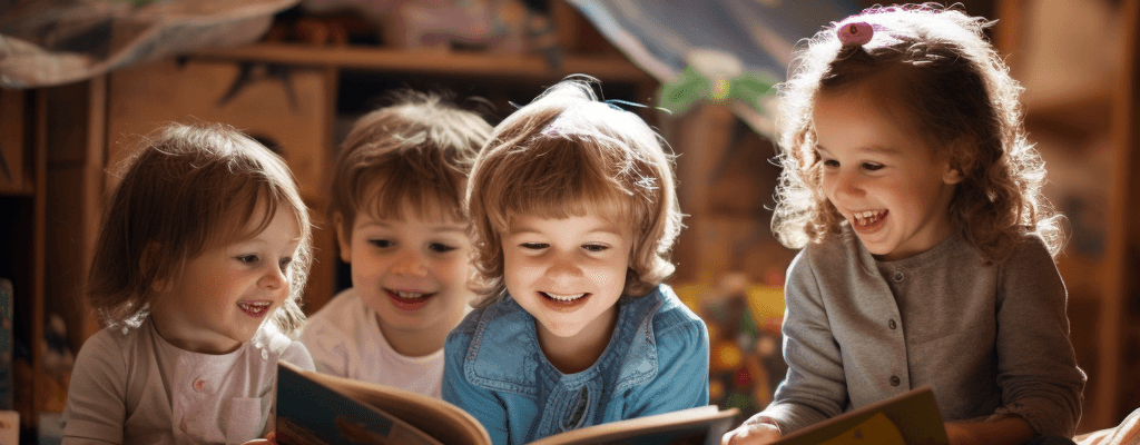 Vier Kinder in einer Kita lesen gemeinsam Bücher. Ein junge trägt ein Jeanshemd und hält lachend ein Buch in seinen Händen. Rechts von ihm sitzt ein Mädchen ebenfalls mit einem Buch in der Hand. Links hinter dem Jungen sitzen noch ein weiterer Junge und ein Mädchen. Die Stimmung ist ausgelassen, im Hintergrund sieht man Handtücher zu einem Zelt geformt.