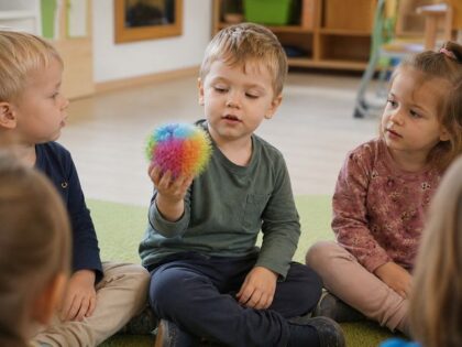 Kind hält im Sitzkreis einen bunten weichen Ball in der Hand.