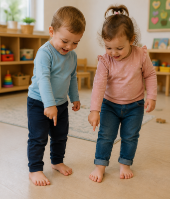 Zwei Kleinkinder stehen barfuß und zeigen auf den Boden vor ihren Füßen.