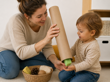 Pädagogin hält eine Papprolle, aus der ein Kleinkind einen grünen Schwamm auffängt.