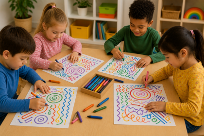 Vier Kinder malen bunte Muster mit Wachsmalstiften auf Papier.