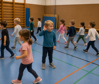 Kinder laufen durch eine Turnhalle, während ein Junge die Hand ans Ohr hält.