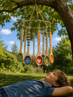 Kind liegt im Gras und schaut zu einem Windspiel aus bemalten Holzlöffeln hinauf.