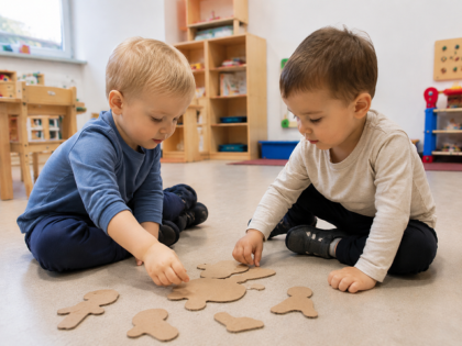 Zwei Kleinkinder setzen auf dem Boden ein Puzzle aus Körperteilen zusammen.