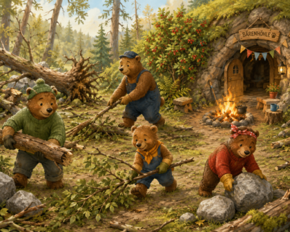 Illustration einer Bärenfamilie beim Aufräumen vor einer Höhle im Wald.
