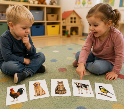 Zwei Kinder sitzen vor Tierkarten, das Mädchen zeigt auf eine Karte mit einer Kuh.