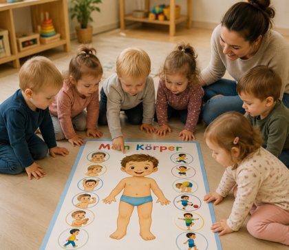 Mehrere Kinder und eine Pädagogin knien um ein großes Lernplakat mit dem Titel „Mein Körper“.