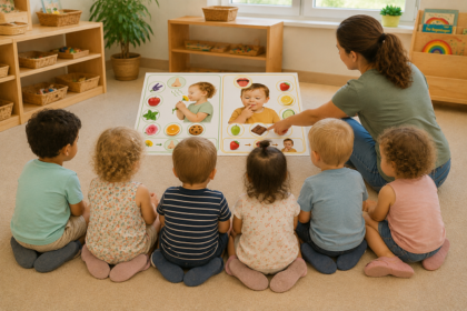 Pädagogin sitzt mit mehreren Kindern vor einem großen Lernplakat zu Lebensmitteln.