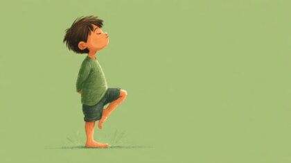 Illustration eines Kindes, das mit geschlossenen Augen auf einem Bein steht.