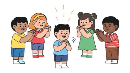Illustration mehrerer Kinder, die gemeinsam in die Hände klatschen.
