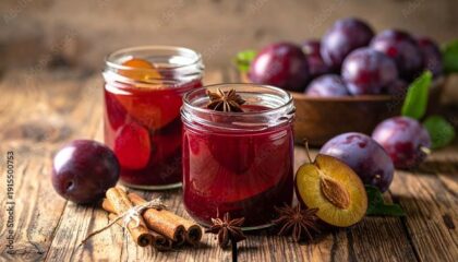 Gläser mit rotem Pflaumenkompott stehen neben Pflaumen und Gewürzen auf einem Holztisch.