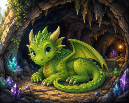 Illustration eines grünen Drachen in einer Höhle mit leuchtenden Kristallen.