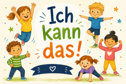 Illustration von Kindern rund um den Schriftzug „Ich kann das!“.