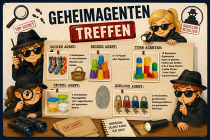 Illustration eines Geheimagenten-Treffens mit Materiallisten für verschiedene Stationen.