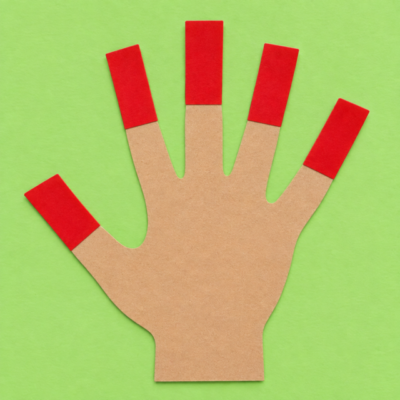 Gebastelte Papierhand mit roten Fingernägeln auf grünem Hintergrund.