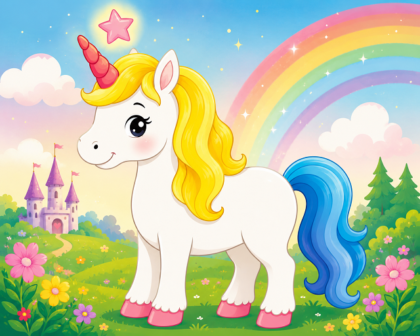 Illustration eines Einhorns auf einer Blumenwiese mit Regenbogen und Schloss im Hintergrund.