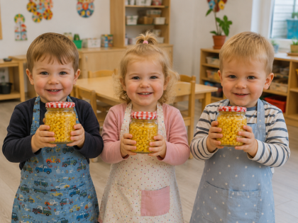 Drei Kinder halten lächelnd Gläser mit gelben Körnern in den Händen.