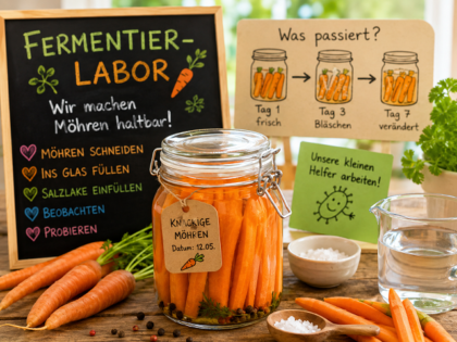 Fermentier-Labor mit Möhren im Glas, Salzlake und kindgerechtem Erklärungsmaterial.