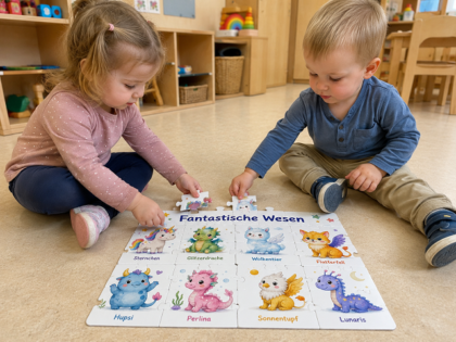 Zwei Kleinkinder legen Puzzleteile auf eine Vorlage mit fantastischen Wesen.