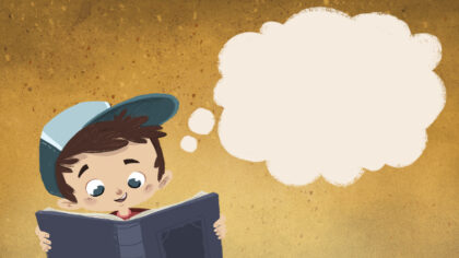 Illustration eines Jungen, der in einem Buch liest, während neben ihm eine leere Gedankenblase zu sehen ist.