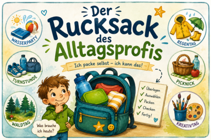 Illustration eines gepackten Rucksacks mit dem Titel „Der Rucksack des Alltagsprofis“.