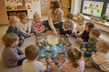 Pädagogin zeigt Kindern im Sitzkreis ein großes Bild mit fantastischen Wesen.