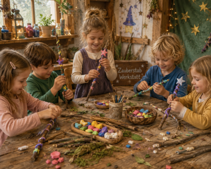 Kinder basteln in einer Zauberstab-Werkstatt bunte Zauberstäbe aus Naturmaterialien.