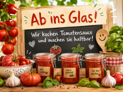 Gläser mit Tomatensauce stehen vor einem Schild mit der Aufschrift „Ab ins Glas!“.
