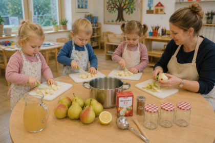 Kinder und Pädagogin schneiden Birnen an einem Tisch mit Gläsern und Topf.