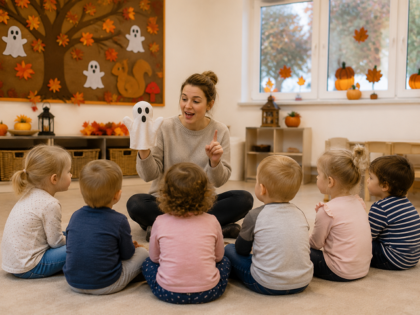 Pädagogin erzählt Kindern im Sitzkreis mit einer weißen Gespenster-Handpuppe.