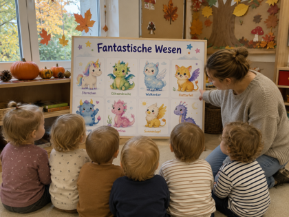 Pädagogin zeigt Kindern ein Plakat mit fantastischen Wesen.