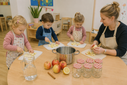 Kinder und Pädagogin schneiden Äpfel an einem Tisch mit Gläsern und Topf.