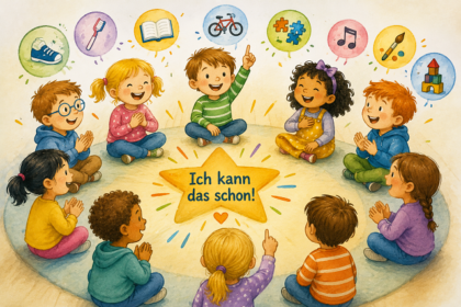 Illustration von Kindern mit dem Schriftzug „Ich kann das schon!“ in der Mitte.