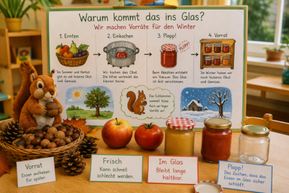Schaubild erklärt, warum Lebensmittel eingekocht und in Gläsern haltbar gemacht werden.